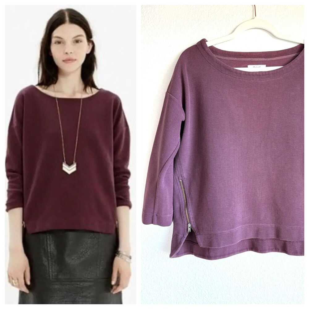 Madewell Women's Canal Ponte Zip 3/4 Sleeve Boatneck Top in Plum Size Small